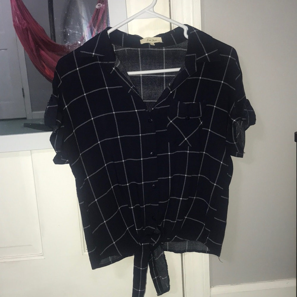 Navy and white plaid button up